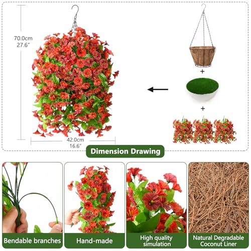 Homsunny Artificial Fake Hanging Flowers Plants Baskets for Outdoor Spring Summer Decorations,Resistant Faux Morning Glory Silk Plants for Outside UV Resistant Patio Yard Home Porch Decor(Red Brown) - color: Red Brown