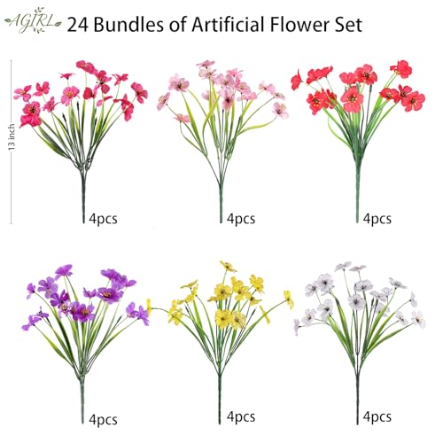AGIRL 24 Bundles Artificial Flowers for Outdoor,Fake Flowers No Fade Plastic Faux Plants for Decoration Hanging Planters Outdoor&Indoor Garden Patio Porch Window Party Farmhouse - color: Mix 6 Colors, size: 24