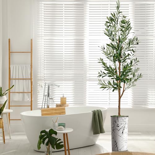 Artificial Tree in Abstract Ink Planter, Fake Olive Silk Tree for Indoor and Outdoor Home Decoration - 68" Overall Tall (Plant Pot Plus Tree) - style: Olive Tree