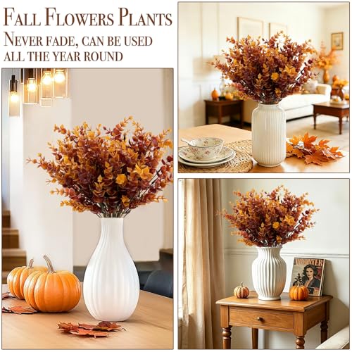 20 Bundles Artificial Fall Flowers for Outdoors Fall Decorations - UV Resistant Fake Mums Faux Plant Plastic Flowers Gardens Porch Fireplace Home Indoor Thanksgiving Autumn Decor(Brown Eucalyptus) - color: Brown Eucalyptus, size: 20 Bundles