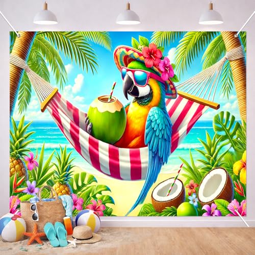 BlissYard Tropical Summer Backdrop 8x6ft Beach Photo Booth Background Colorful Parrot Hammock Ocean Island Theme for Luau Party Birthday Celebration Vacation Event Indoor Outdoor Photography Decor - color: Summer Beach#01