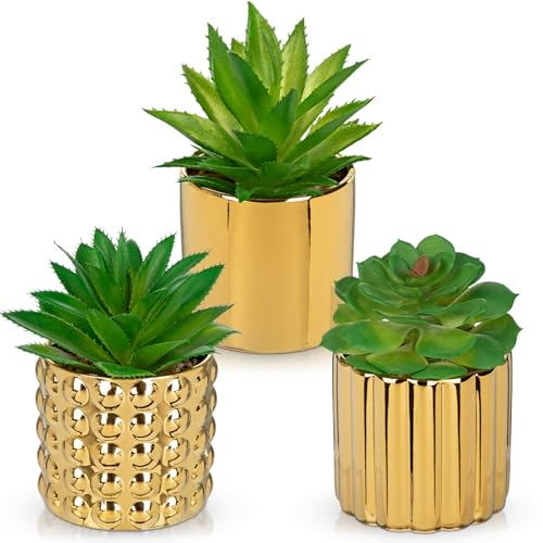 Briful Succulents Plants Artificial in Gold Ceramic Pots (Set of 3), Small Fake Plants for Home Office Desk Decor – Modern Mini Potted Succulents for Bathroom, Bedroom, Living Room Table, Shelf - color: Gold