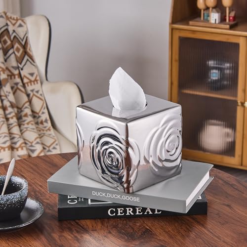 Silver Ceramic Cube Tissue Box Cover with Rose – Large Elegant Rose Floral Square Decorative Tissue Box Holder for Bathroom, Bedroom, Office Desk, Kitchen Counter – Perfect Housewarming Gift - color: Silver