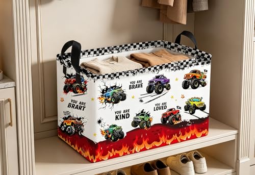 Essme Rectangular Car Baskets,Monster Truck Storage Box,Cute Basket with Handles for Room Decor, Book Bins,Shelf Basket.(Flame truck) - color: Flame truck