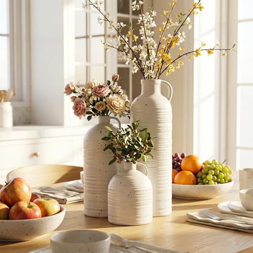 Firehold Ceramic Vase Set of 3, Rustic Farmhouse Boho Vases, Textured Country Home Decor, Small Decorative Vases for Shelves Mantel Table, Gift Set for Dried Pampas Grass & Fresh Flowers (White) - color: 01-white