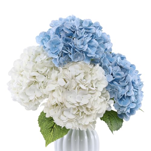 Coferset 4pcs White Blue Lifelike Hydrangea Artificial Flowers 22inch Real Touch Faux Hydrangea Flower Stem for Home Party Wedding Floral Filler Arrangements Ceterpieces Bouquets(White+Baby Blue) - color: 2 White,2 Baby Blue, size: 4pcs