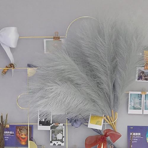 10 Stems Faux Pampas Grass - 17.7" Artificial Pampas Grass Decor Fluffy Small Pampas Flower Arrangement and Vase Filler for Boho Home Wedding Mothers Day Decoration（Grey） - color: Grey