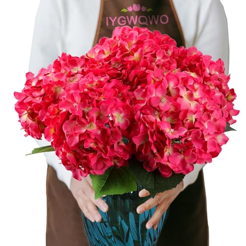 6PCS Large Silk Hydrangea Flowers, 20 in Huge Full Faux Hydrangea Artificial Flowers with Stems Leaves for Fake Summer Bouquets New Years Wedding Valentines Day Arrangements Easter (Magenta) - color: Magenta