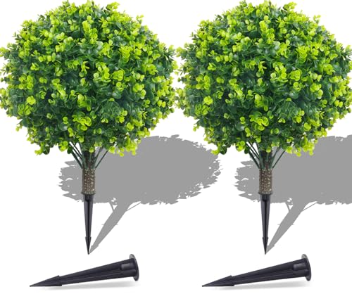 PATIO CHOICE Topiary Trees Artificial Outdoor Boxwood Ball Trees with Ground Spike Set of 2 22" Fake Outdoor Plants Faux Bushes and Shrubs Decorations for Outdoor Indoor Front Porch Garden - color: Green, size: 22in
