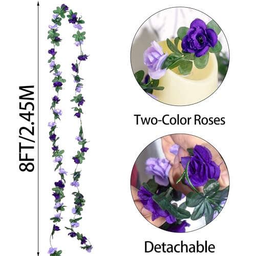 BSMYBO 5Pcs 82 FT Artificial Purple Rose Flower Garland, Faux Silk Rose Garland, Purple Party Decorations, Lavender Flower Hanging Flower Vines for Backdrop Decoration Tea Party Wedding Birthday - color: Purple, size: 5pcs