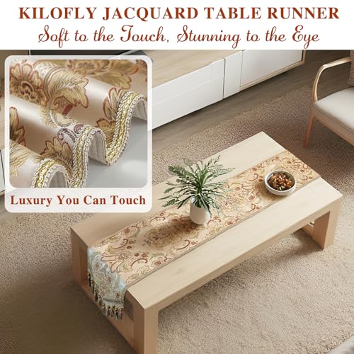 kilofly Elegant Floral Brocade Jacquard Table Runner Tassels (69 x 12 inches) - color: Khaki, size: 69*12 inch