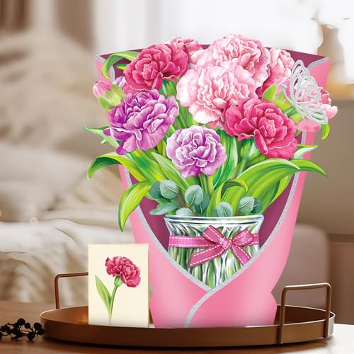 Airpark Pop Up Flower Bouquet Card for Women, 3D Floral Greeting Card with Envelope and Note, Birthday Thank You Thinking of You Get Well Gift for Mom Friend Wife Teacher, Carnation - style: Carnations