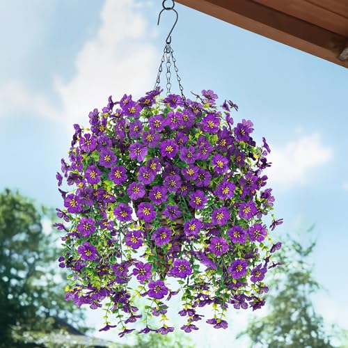HyeFlora Artificial Hanging Flowers Basket for Outdoor, Fake Flowers Faux Plants Look Real for Yard Gardens Porch Patio Home (Darkpurple) - color: Dark Purple