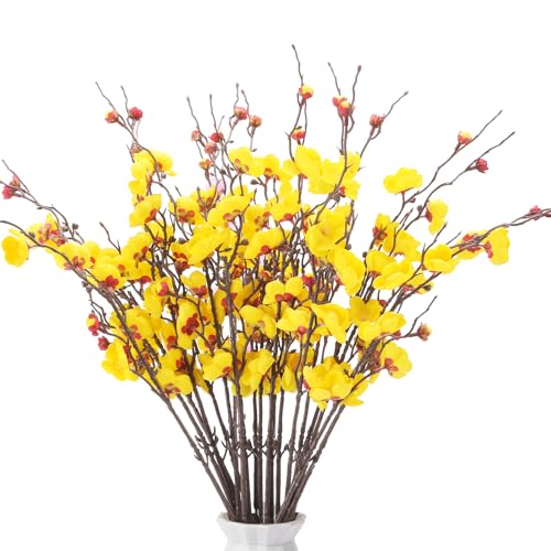 20pcs Yellow Cherry Blossom Branches Artificial Flowers for Winter Spring Indoor Decoration, 22“ Plum Fake Peach Plants for Wedding Home Office Bedroom Party Decor (Yellow, 22in) - color: Yellow, size: 22in