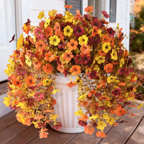 Homsunny Artificial Faux Mums Fall Flowers for Outdoor Outside Decoration | 2 pcs fake fall silk flowers for outside,16 branches tips per bunch，realistic UV-resistant for home Porch balcony patio - color: Orange Yellow Brown