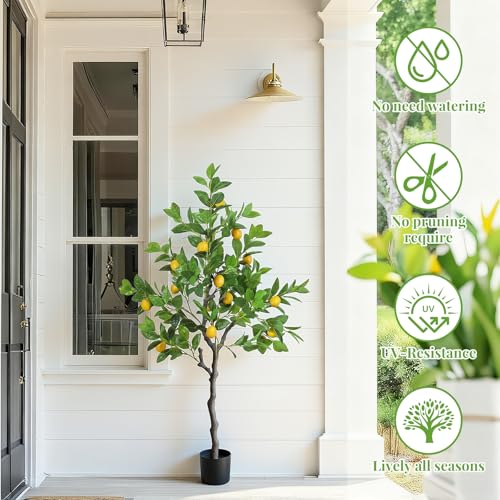 Daifunli 1 Pack Artificial Lemon Tree with Realistic Leaves and Natural Trunk Faux Tree with Silk Leaves for Porch Home Office Farmhouse Indoor Outdoor Housewarming Gift - style: Lemon