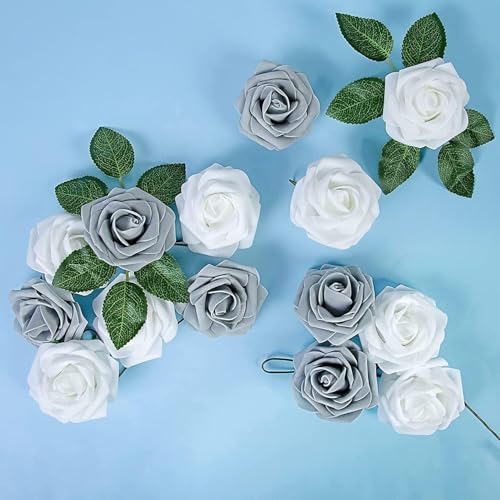 Higfra Artificial Flowers 50 Stems Realistic Roses - Lifelike Fake Flowers for Wedding Bouquets, Baby Shower Decor, Home Centerpieces, DIY Floral Arrangements (himmer Silver Grey, 50Pcs) - color: Himmer Silver Grey, size: 50Pcs