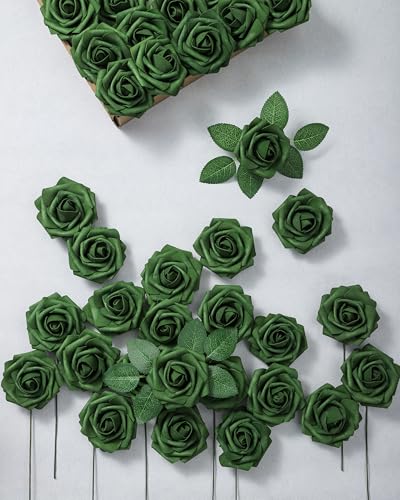 DuHouse 25Pcs Artificial Roses Flowers Fake Rose with Stems Real Touch Foam Flowers for DIY Wedding Bouquet Party Centerpiece Floral Arrangement Party Home Decor(Army Green) - color: Army Green, size: 25pcs