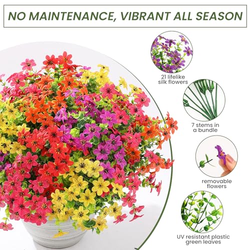 SHareconn 48 Bundles Artificial Flowers for Outdoors Decoration, Faux Plants Fake Silk Colorful Daisy Eucalyptus Lavender, UV Resistant for Outside Home Indoor Spring Decor, 5 Colors incl. Orange - color: Redfuchsiapurpleyelloworange