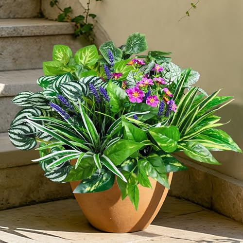 12 Pcs Artificial Plants for Outdoors Faux Greenery Leaves UV Resistant Realistic Plastic Large Bunches Shrubs Bushes with Flowers, Fake Plants Decor Outdoor for Front Porch Door Patio Garden Yard - color: Green Plants With Flowers, size: 12 Pcs