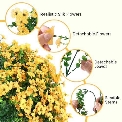 Yellow Fall Artificial Flowers for Outdoors Decorations, 12 Bundles Faux Fall Mums Flowers, UV Resistant Realistic Silk Daisy with Eucalyptus for Home Decor Garden Planters Patio Yard Balcony - color: Yellow&12 Bundles