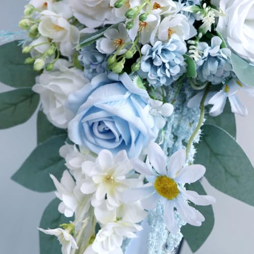 9.8 Inch Cascade Bridal Bouquet for Bride with Artificial Rose Flower Greenery Rustic Cascading Bridal Bride Wedding Bouquet Flower Wedding Champagne and Light Blue - color: Light Blue & Champagne