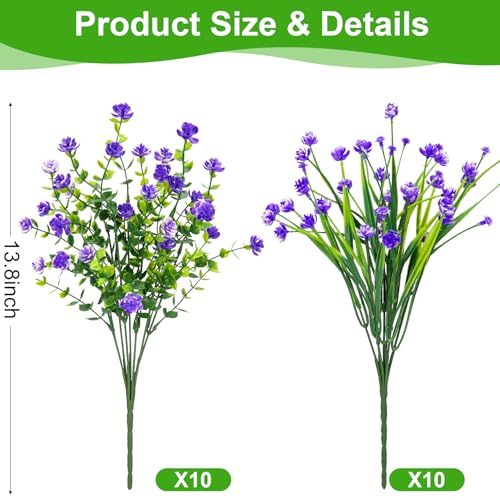 20 Bundles Artificial Flowers for Outdoors Fake Plastic Flowers UV Resistant Realistic Faux Plants Shrubs for Spring Summer Garden Porch Yard Patio Planter Window Box Home Decor, Purple - color: Purple