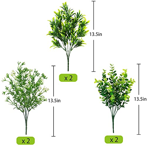 Ouddy Decor 6 Bundles Artificial Greenery Stems Mixed Fake Plants Eucalyptus Stems Babys Breath Faux Plastic Artificial Plants & Flowers for Outdoor Indoor Garden Home Window Box Decor - color: White