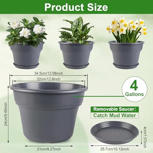 Myfeegoin 13-inch-Plant-Pots, 4 Pack Large Planters for Outdoor Plants, Plastic Flower Pots Indoor with Drainage Holes & Trays, Classic Garden Pot Container for House - color: Gray, size: 13inch