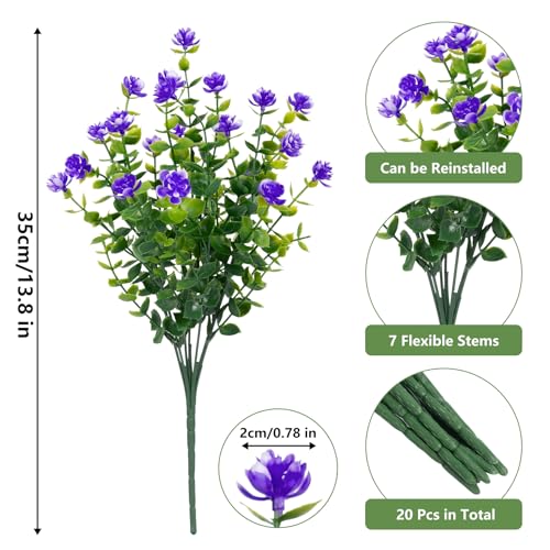 Bassion 20 Bundles Artificial Flowers for Outdoors, UV Resistant Faux Plants Outdoor Indoor Fake Flowers Plastic Greenery Shrubs Eucalyptus Stems for Garden Fence Patio Window Box Porch Pot Decor - color: Purple