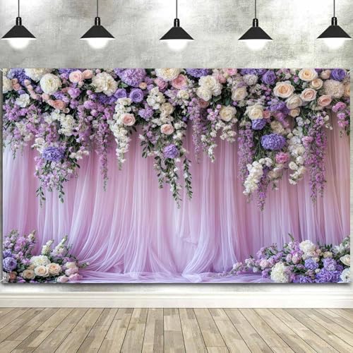 5x4ft Purple Lavender Floral Bridal Backdrop Wedding Flower Photography Backdrop for Girl Portrait Baby Shower Birthday Party Decor Banner Mother's Day Party Wall Backdrop Studio Photo Backgrounds - color: Multi3, size: 5X4FT