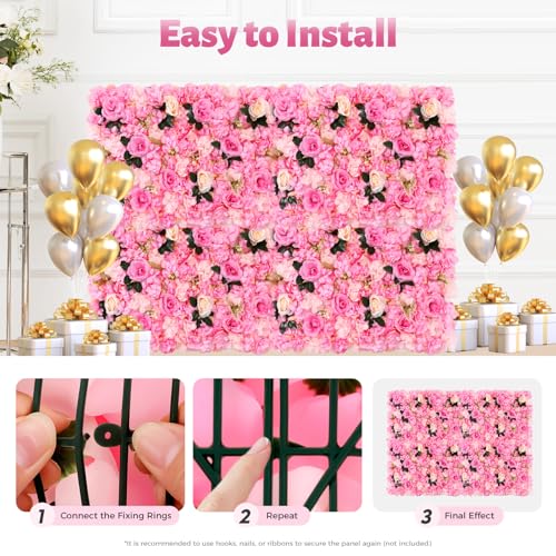 12 Pcs Flower Wall Panel Floral Backdrop, Artificial Flower Wall Backdrop Faux Flower Panel, 23.62x15.74in Silk Rose Walls for Wedding, Party, Nursery, Home Decor - color: Pink