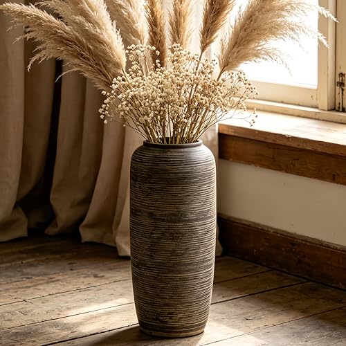 15.7 Inch Rustic Ceramic Large Floor Vase, Ribbed Textured Rustic Farmhouse Vase for Pampas Grass, Living Room & Entryway Décor, Handmade Ceramic Accent - size: 15.7 Inch