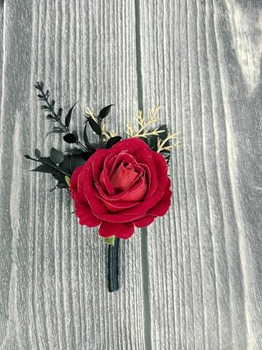 Wedding Flower Set with Rose Corsage and Boutonniere for Men (Black & Red) - color: Black & Red