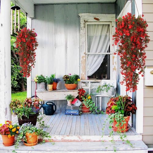 RECUTMS 2Pcs Artificial Hanging Flowers for Outdoor Decoration Fake Hanging Plants Faux Red Flowers Artificial UV Resistant Plastic Greenery Vines Ivy for Outdoor Indoor Garden Party Decor（Red） - color: Red-rose