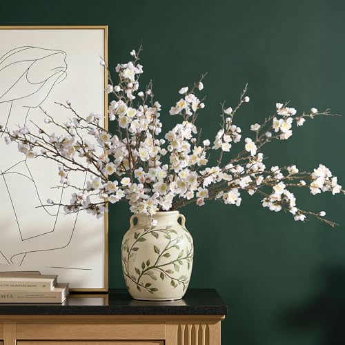 florisso 6 PCS Artificial Cherry Blossom Branches Spring Indoor Decoration, Faux Flowers 34.45" Long Stems Plum Fake Peach Plants Real Touch Silk for Wedding Home Bedroom Party Table Office, White - color: A-white