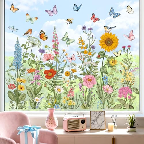decalmile Spring Summer Vintage Wildflower Double Sided Window Clings Garden Flower Butterfly Birds Anti-Collision Glass Doors Window Stickers Decals - color: Vintage Flower