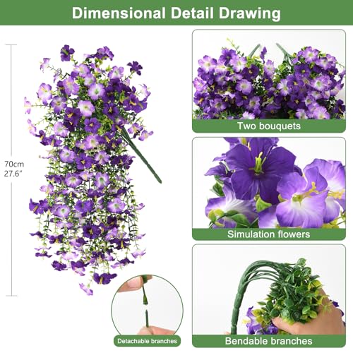 Artificial Fake Flowers Plants for Outdoor Spring Summer Decoration,2 PCS Faux Silk Morning Glory with Eucalyptus Leaves,UV Resistant Realistic Outdoor Flowers for Balcony Porch Patio Yard Garden - color: Double Purple