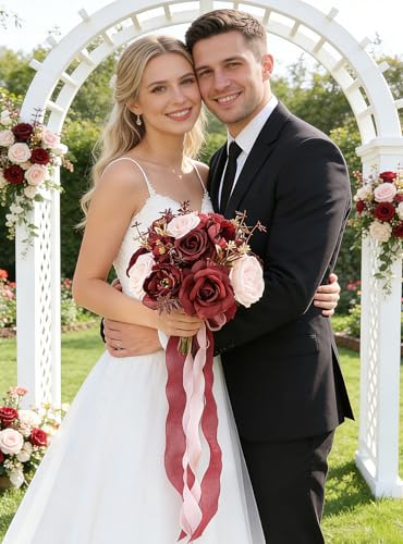 8.6in Artificial Wedding Bridal Bouquet - Burgundy Rose Floral Arrangement for Bride, Bridesmaid, Wedding Toss, Ceremony & Home Decor (Burgundy) - color: Burgundy