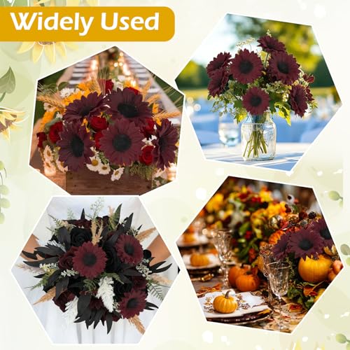 Coferset 40pcs Fake Sunflower Heads with Stems, 4" Sunflower Artificial Silk Flower Heads for Crafts, Sunflower Decorations for Graduation Party Baby Shower Wedding Home Decor(Burgundy) - color: Burgundy-40pcs