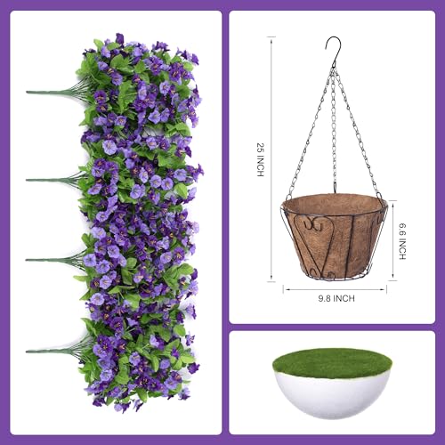INXUGAO Artificial Flowers with Hanging Basket, Outdoor Faux Plants Silk Morning Glory Vines, Fake Green Arrangement for Garden Patio Spring Summer Decor(4 pcs,Purple) - color: Purple