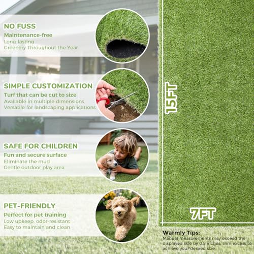 Artificial Grass Rug Indoor Outdoor, 7 x 15FT Faux Grass Turf with Drainage Holes, Realistic Artificial Lawn Rug Dog Pets Mat, Turf Carpet for Garden Lawn Landscape Balcony Patio Backyard Decor - size: 7 ft x 15 ft = 105 Square ft