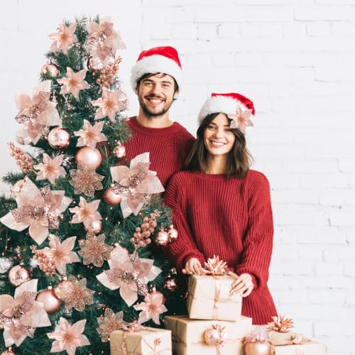 48PCS Christmas Tree Decorations Set, Rose Gold Christmas Ornaments Set Includes Ball, Artificial Poinsettia Flowers and Berries, for Xmas Tree Decor (Rose Gold)