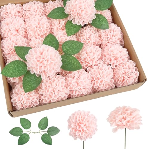25Pcs Dahlia Artificial Flowers Real Looking Fake Blush Pink Flowers Faux Foam Roses with Stems for DIY Wedding Bouquets Cake Topper Party Home Decorations (Blush) - color: Blush