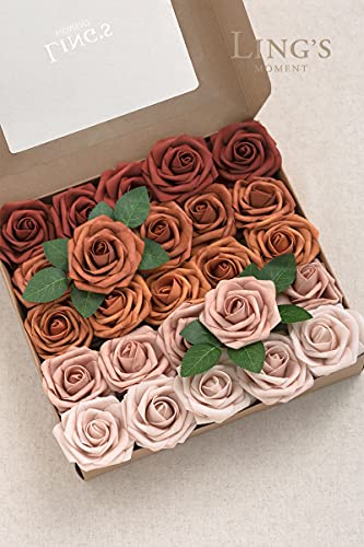 Ling's moment Artificial Flowers, 50Pcs 3" Roses in Amber Shades, Realistic DIY Foam Floral Decor for Wedding Bouquets/Centerpieces, Outdoor Party Backdrops, Room/Table, and Garden/Pot Decorations - color: Shades of Terracotta, size: 50Pcs