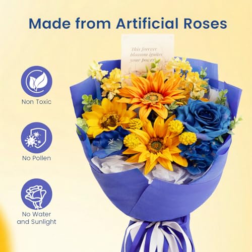 TINGE TIME Preserved Flowers Bouquet, Sunflower and Rose Bouquet, Flowers for Delivery, Graduation Gifts Teacher Appreciation Gifts Birthday Flowers Gifts for Women Mom Grandma Wife Friends - color: Sunflower&RoyalBlue