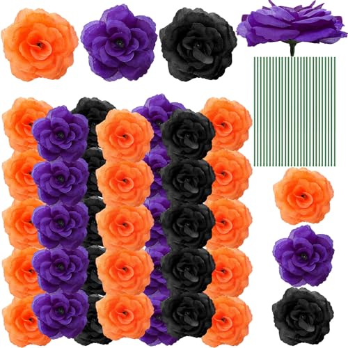 Yunlly 100 Pcs Artificial Flowers Fake Silk Roses Long Stem Rose Bouquet Wedding Party Home Decor for DIY Baby Shower Centerpieces Tables Home Decorations(Black, Orange, Purple) - color: Black, Orange, Purple