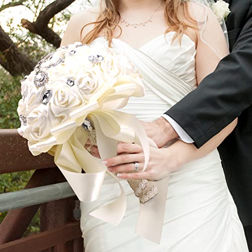 Handmade Brooch Wedding Flowers Bridal Bouquets Crystal Bride Holding Bouquet White Ivory Satin Roses with Diamond Pearl Ribbon (Luxury-White) - color: White