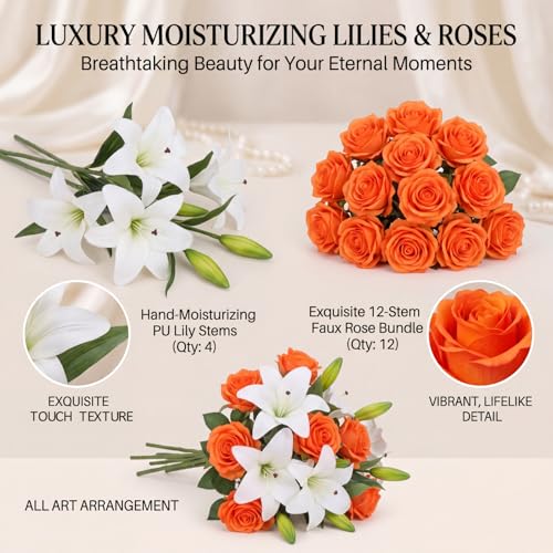 Fake Flower, 16 Pcs Plastic Orange Roses & PU White Lilies, Artificial Flowers Faux Bouquet Realistic for Vase Home Decor Gifts for Mother's Day Table Centerpiece Wedding Bridal Arrangement