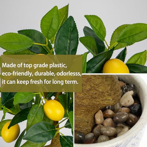 Artificial Potted Plants, 15.7 inches Small Fake Lemon Tree Artificial Lemons Citrus Tree with Blue and White Pot Faux Potted Plants Indoor Lemon Decorations for Home, Office, Living Room Table, Desk - style: Modern
